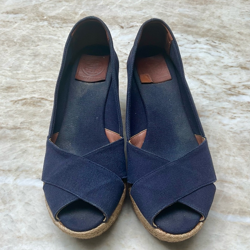 Tory Burch Filipa Navy canvas wedge espadrills, size 8/9 (see details)